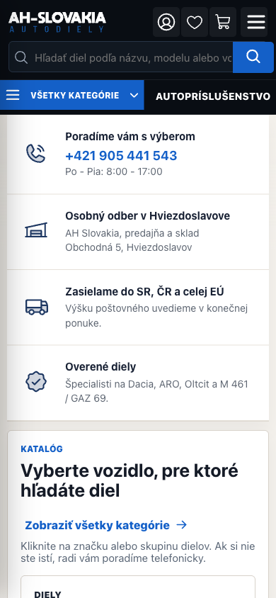 Mobilná domovská stránka AH Autodiely